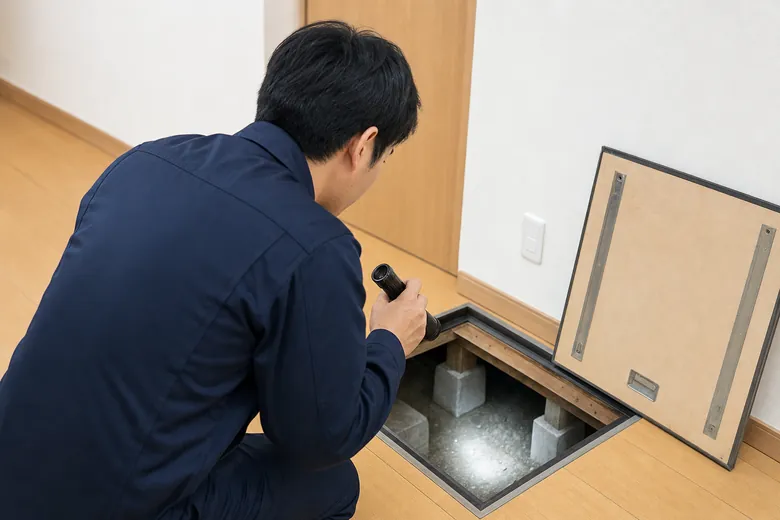害虫の種類を調べるために床下を確認しているイメージ