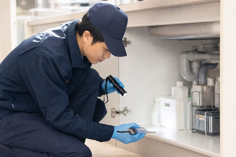 駆除業者がキッチン周辺でゴキブリの生息調査を行っている様子