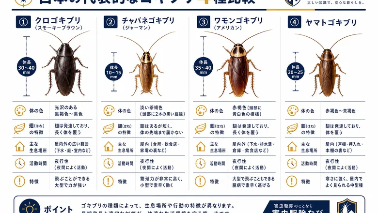 日本の住宅に出没する主なゴキブリ4種の体長・体色の比較図