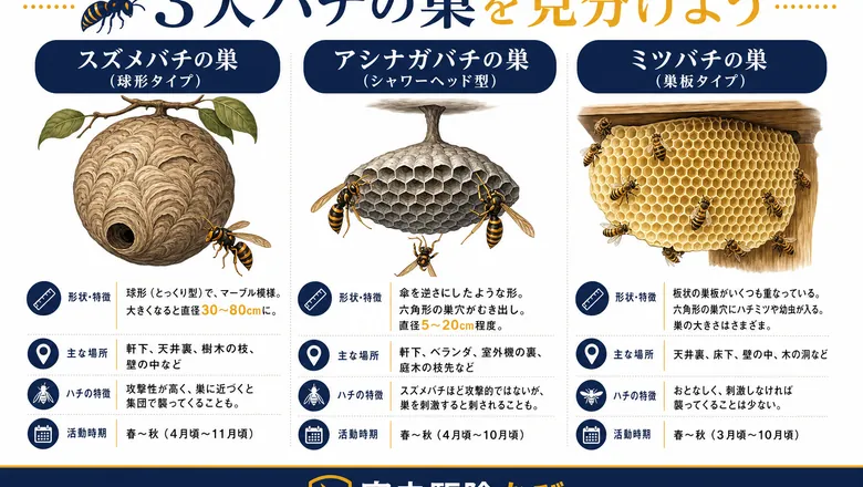 スズメバチ・アシナガバチ・ミツバチの巣の形状比較図