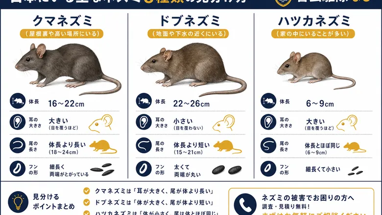 クマネズミ・ドブネズミ・ハツカネズミの体型と糞の比較図